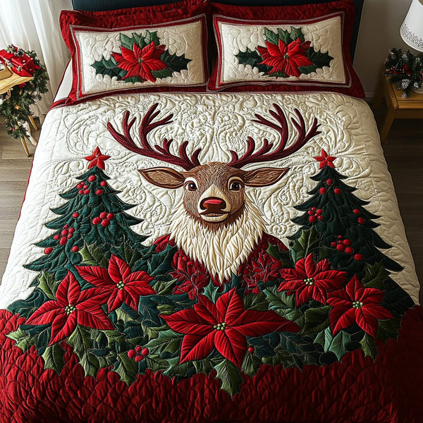 Frosted Reindeer Joy quilted 3-piece bedding set on a made bed in a winter-styled bedroom