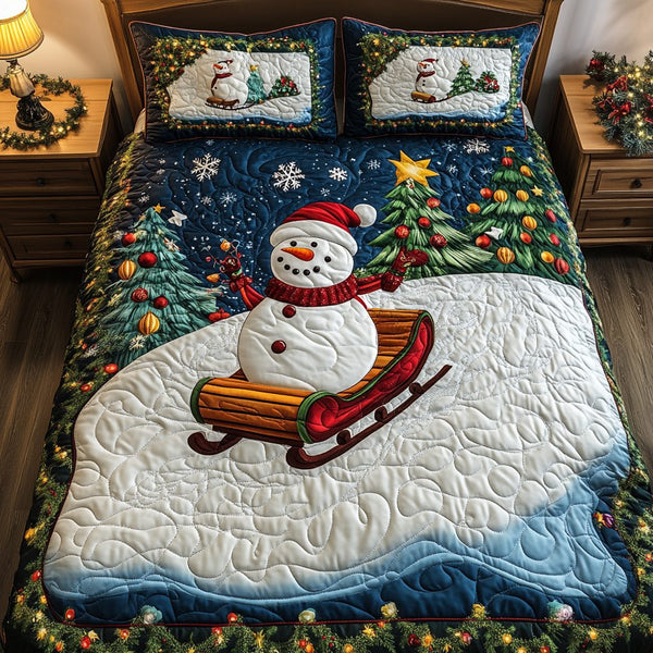 Frosted Sleigh Dreams quilted 3-piece bedding set on a made bed in a winter-styled bedroom