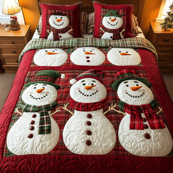 Frosted Snowman Delight quilted 3-piece bedding set on a made bed in a winter-styled bedroom