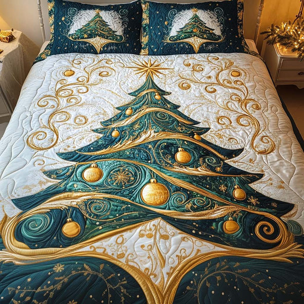 Frosted Starlight Symphony quilted 3-piece bedding set on a made bed in a winter-styled bedroom