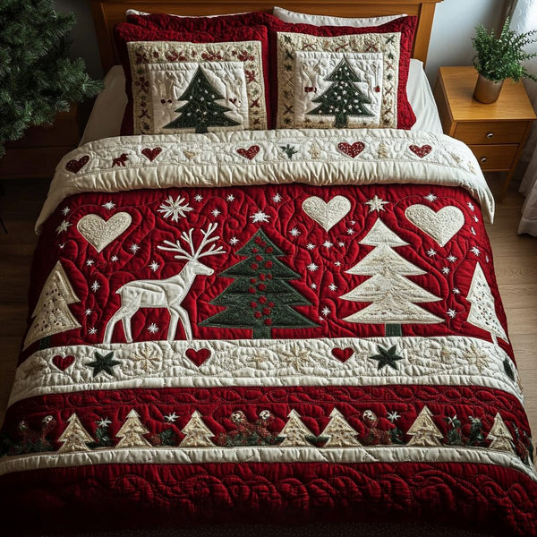 Frosted Trees quilted 3-piece bedding set on a made bed in a winter-styled bedroom