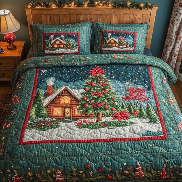Frosted Window Glow quilted 3-piece bedding set on a made bed in a winter-styled bedroom