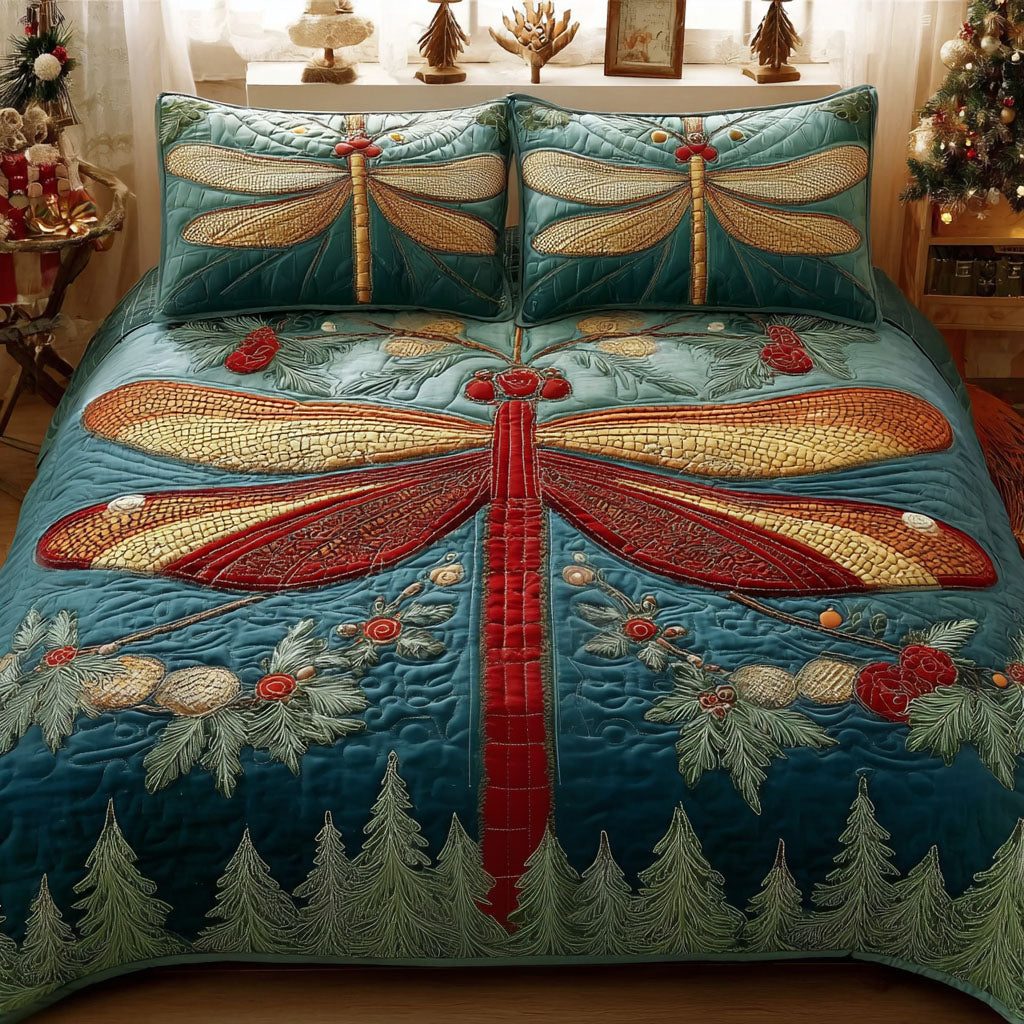 Frosted Wings quilted 3-piece bedding set on a made bed in a winter-styled bedroom