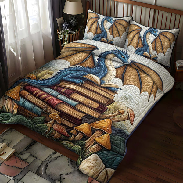 Frostfang Chill quilted 3-piece bedding set on a made bed in a winter-styled bedroom