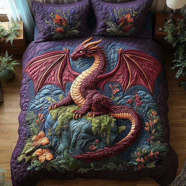 Frostfang quilted 3-piece bedding set on a made bed in a winter-styled bedroom