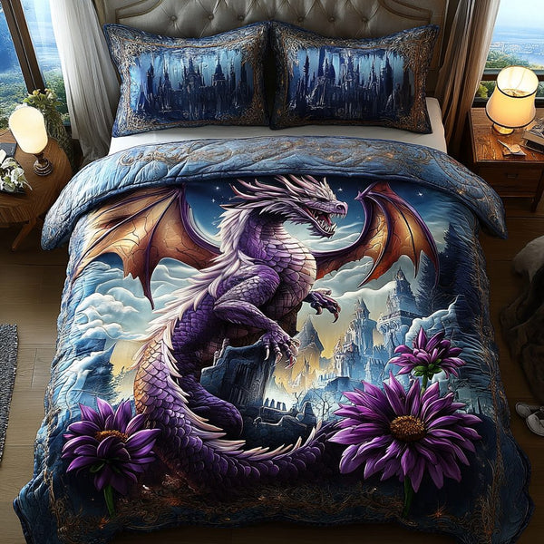 Frostfang quilted 3-piece bedding set on a made bed in a winter-styled bedroom