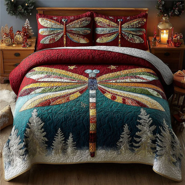 Frostfire Wings quilted 3-piece bedding set on a made bed in a winter-styled bedroom