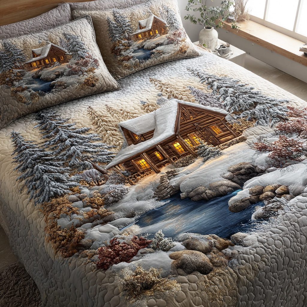 Frostpine Woodland Escape quilted 3-piece bedding set on a made bed in a winter-styled bedroom