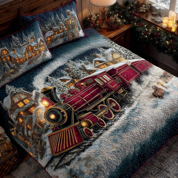 Frostrail Flyer quilted 3-piece bedding set on a made bed in a winter-styled bedroom