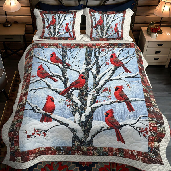 Frosty Birds Delight quilted 3-piece bedding set on a made bed in a winter-styled bedroom