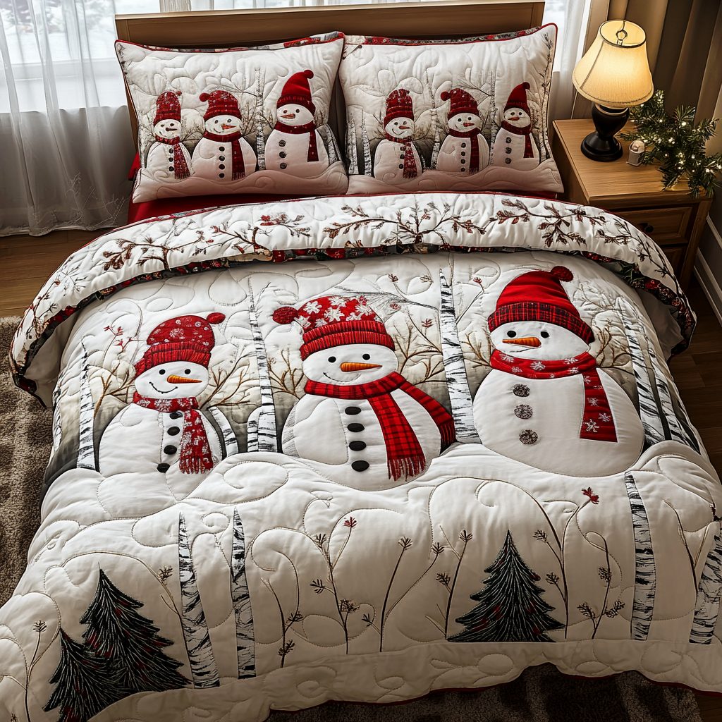 Frosty Bliss quilted 3-piece bedding set on a made bed in a winter-styled bedroom