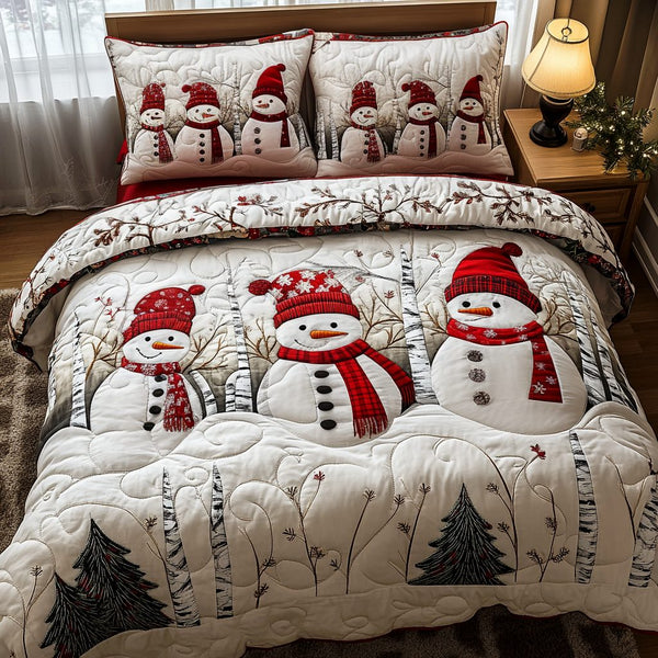 Frosty Bliss quilted 3-piece bedding set on a made bed in a winter-styled bedroom
