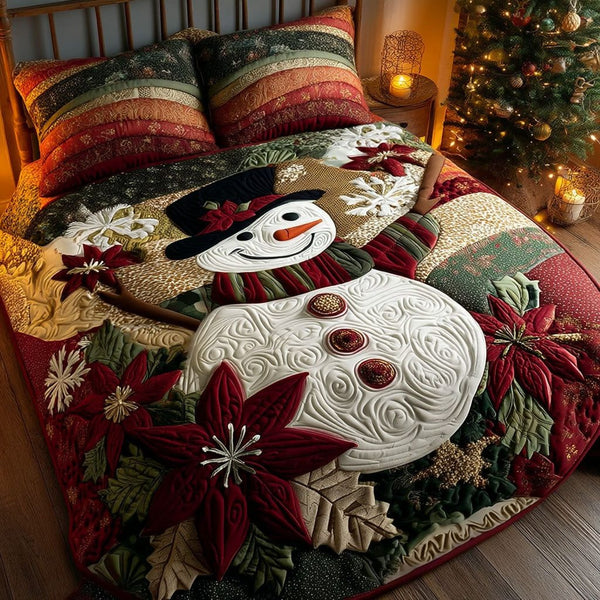 Frosty Bloom quilted 3-piece bedding set on a made bed in a winter-styled bedroom