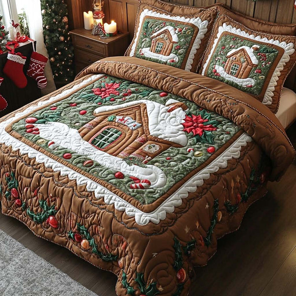 Frosty Cabin Magic quilted 3-piece bedding set on a made bed in a winter-styled bedroom
