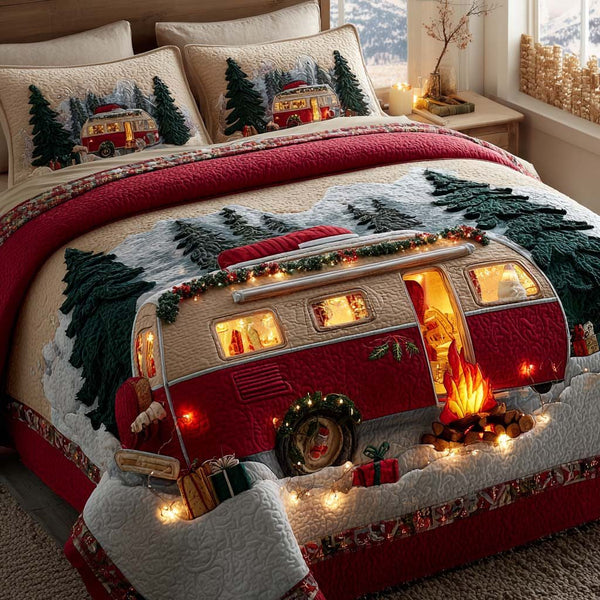 Frosty Campfire quilted 3-piece bedding set on a made bed in a winter-styled bedroom