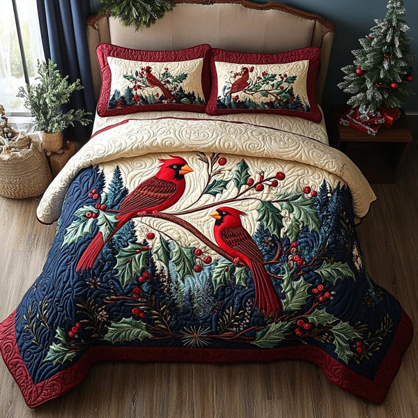 Frosty Cardinals quilted 3-piece bedding set on a made bed in a winter-styled bedroom