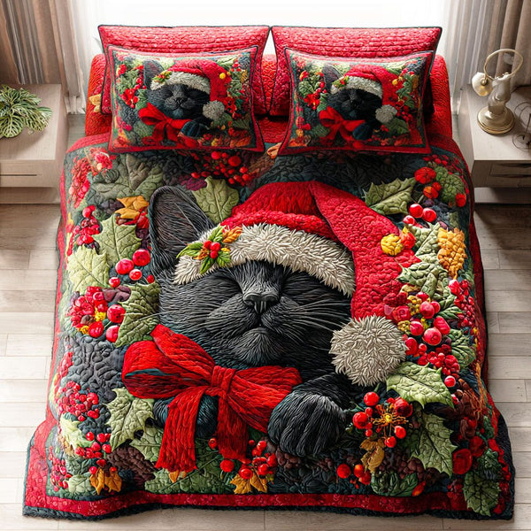 Frosty Cat Charm quilted 3-piece bedding set on a made bed in a winter-styled bedroom