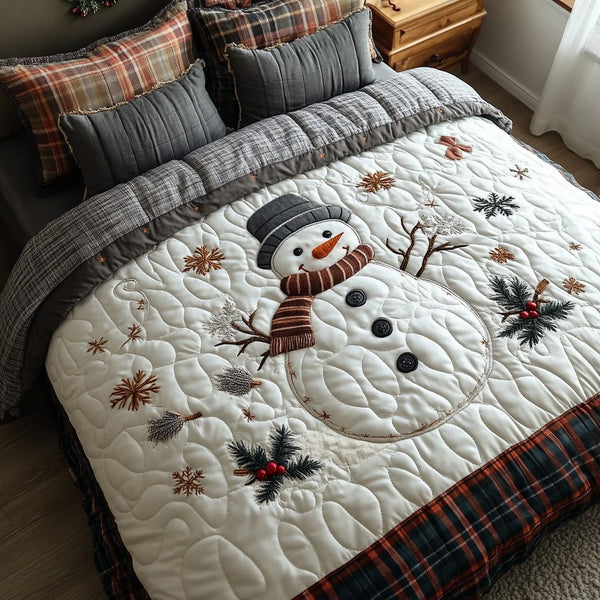 Frosty Charm quilted 3-piece bedding set on a made bed in a winter-styled bedroom
