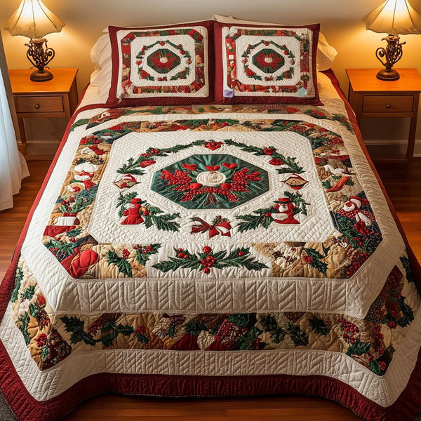 Frosty Cheer Delight quilted 3-piece bedding set on a made bed in a winter-styled bedroom