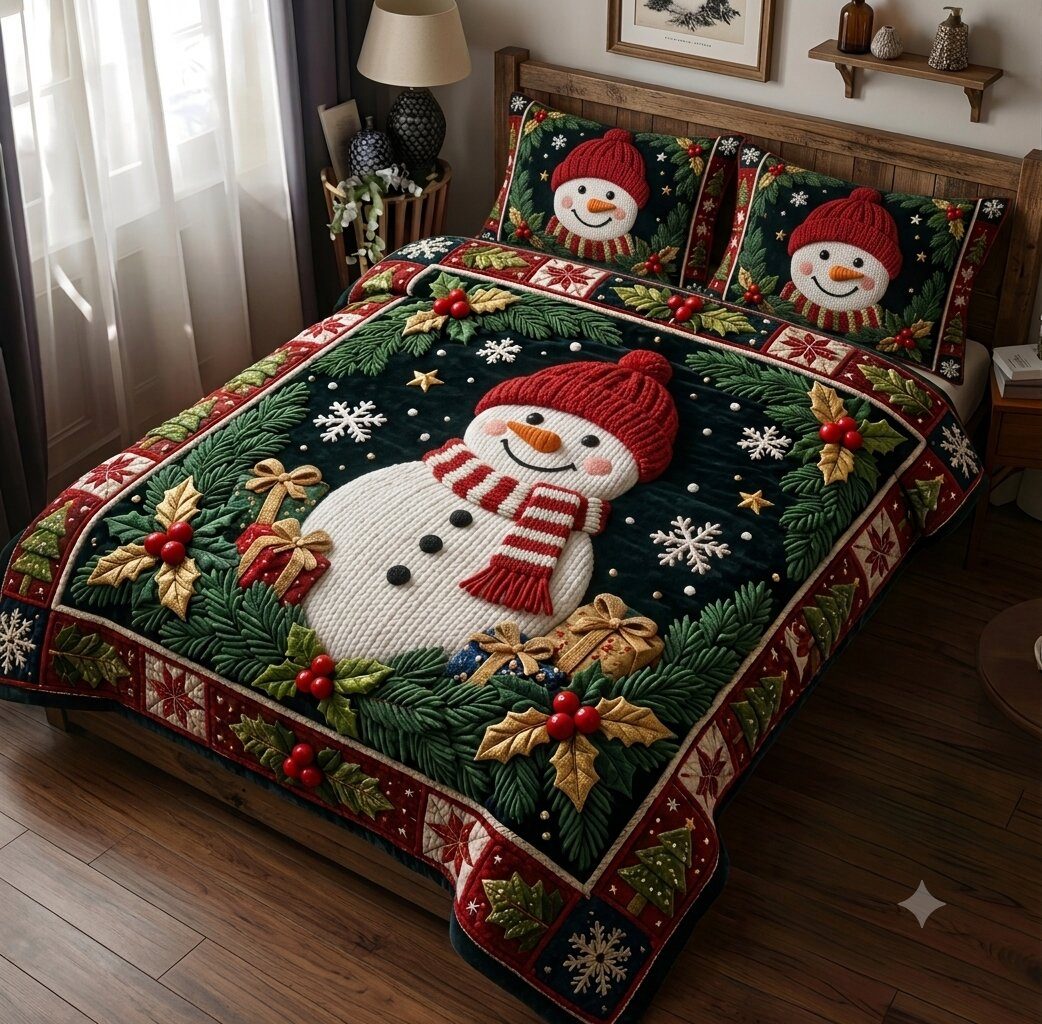 Frosty Cheer quilted 3-piece bedding set on a made bed in a winter-styled bedroom