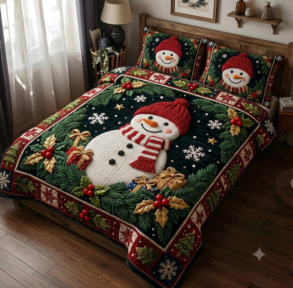 Frosty Cheer quilted 3-piece bedding set on a made bed in a winter-styled bedroom
