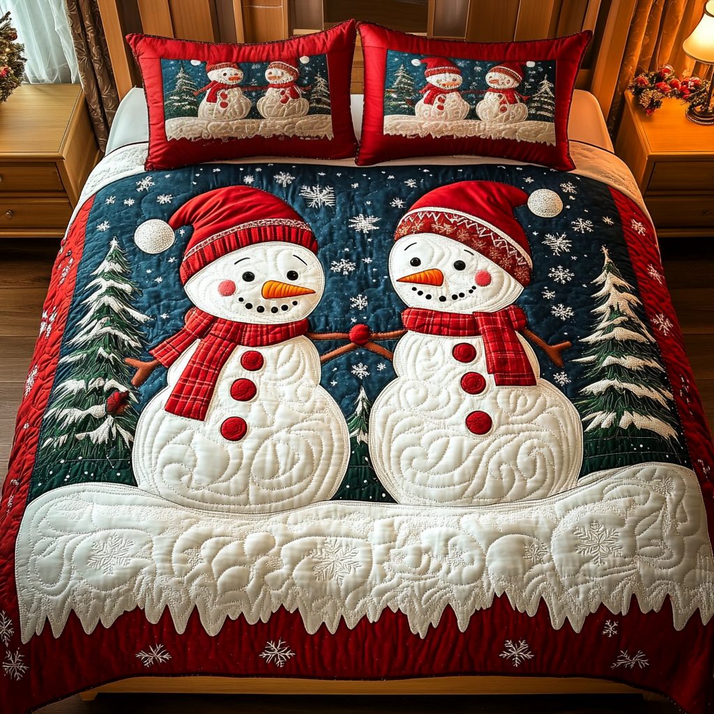 Frosty Cheer quilted 3-piece bedding set on a made bed in a winter-styled bedroom