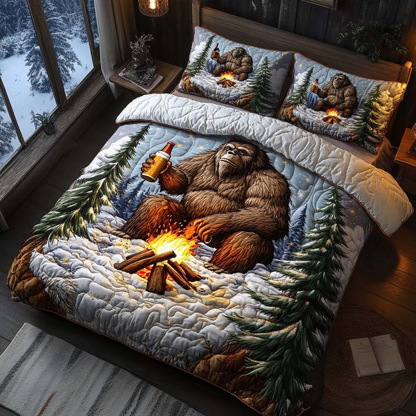 Frosty Cheers quilted 3-piece bedding set on a made bed in a winter-styled bedroom