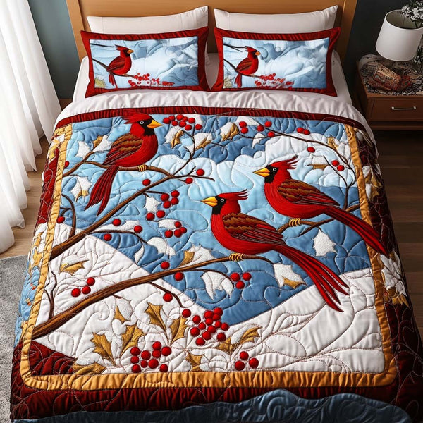 Frosty Companion quilted 3-piece bedding set on a made bed in a winter-styled bedroom