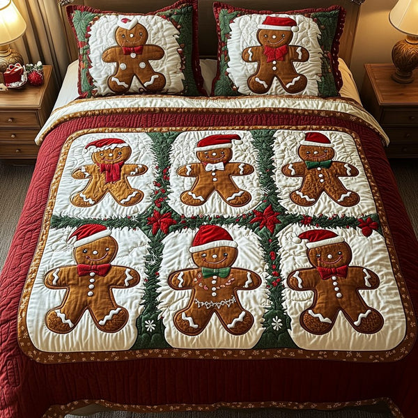 Frosty Cookies quilted 3-piece bedding set on a made bed in a winter-styled bedroom