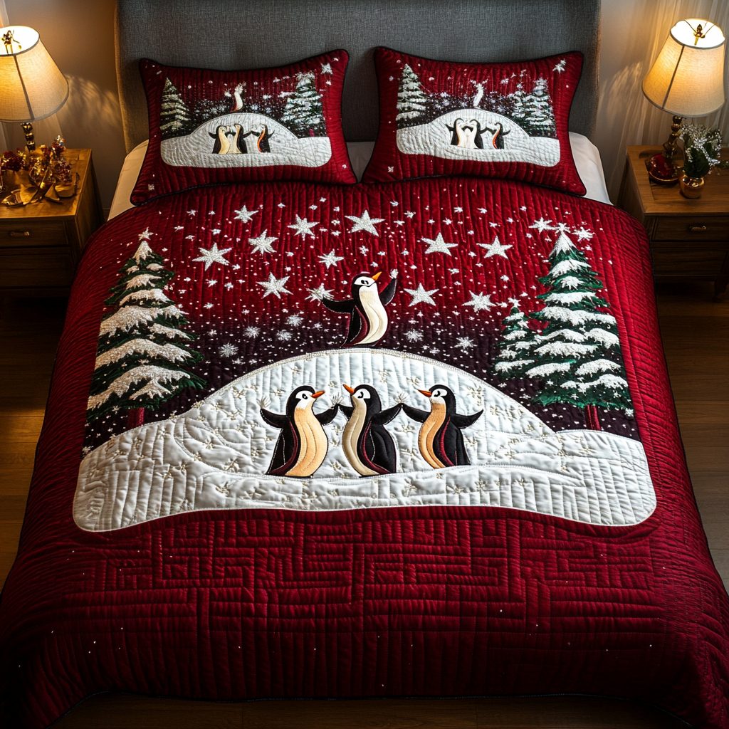 Frosty Dance quilted 3-piece bedding set on a made bed in a winter-styled bedroom