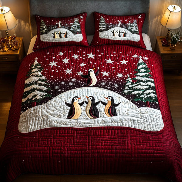 Frosty Dance quilted 3-piece bedding set on a made bed in a winter-styled bedroom