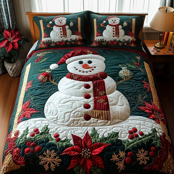 Frosty Delight quilted 3-piece bedding set on a made bed in a winter-styled bedroom