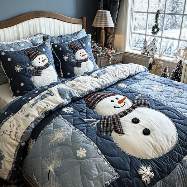 Frosty Delight quilted 3-piece bedding set on a made bed in a winter-styled bedroom