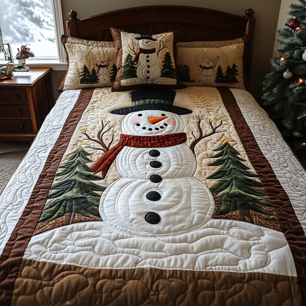 Frosty Dreams quilted 3-piece bedding set on a made bed in a winter-styled bedroom