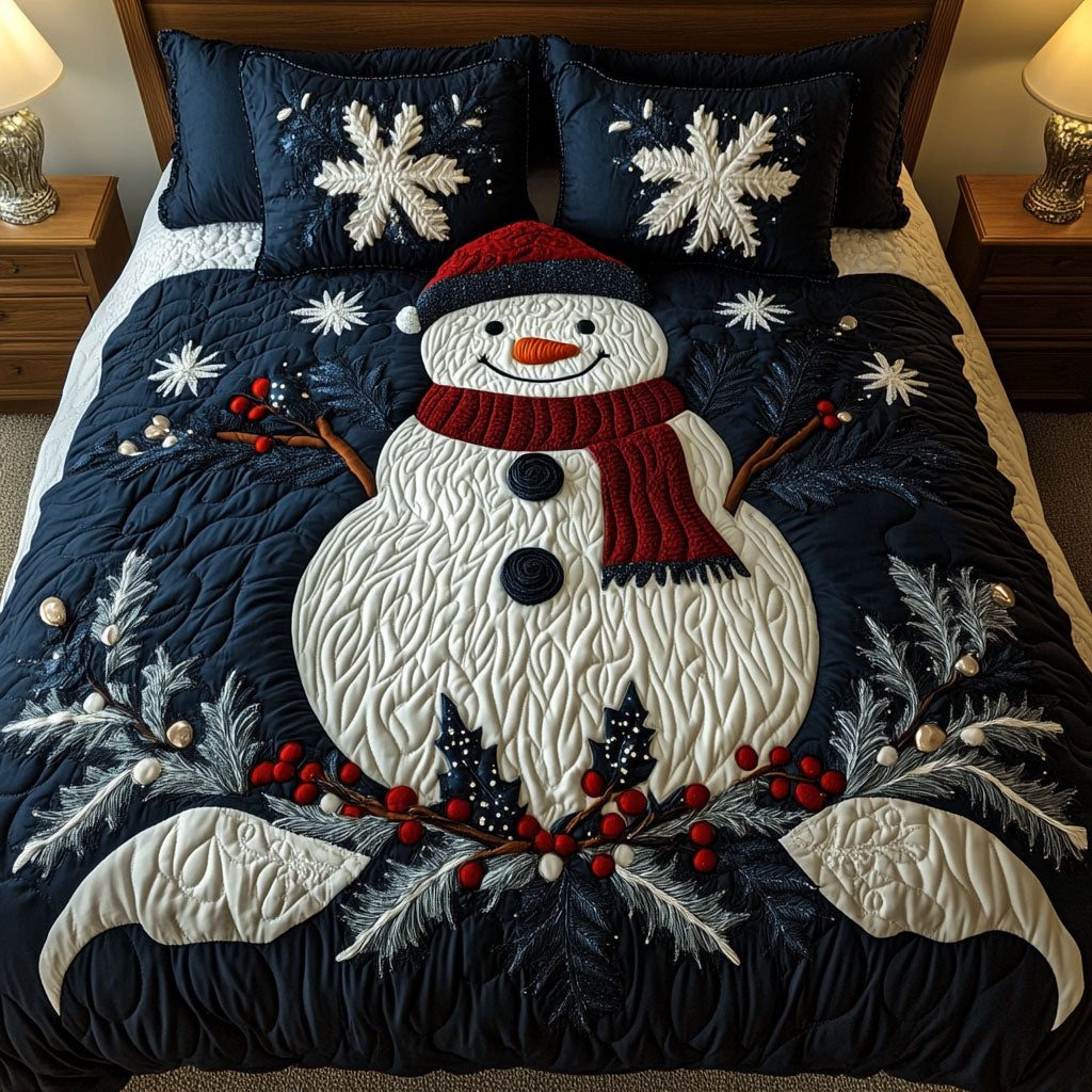 Frosty Elegance quilted 3-piece bedding set on a made bed in a winter-styled bedroom