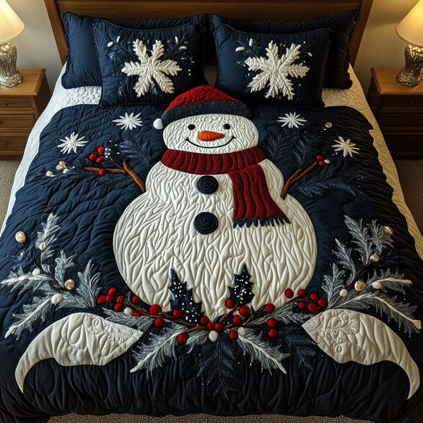 Frosty Elegance quilted 3-piece bedding set on a made bed in a winter-styled bedroom