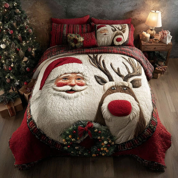 Frosty Eve quilted 3-piece bedding set on a made bed in a winter-styled bedroom