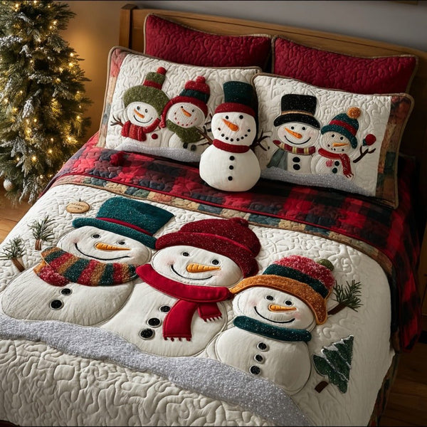 Frosty Family quilted 3-piece bedding set on a made bed in a winter-styled bedroom