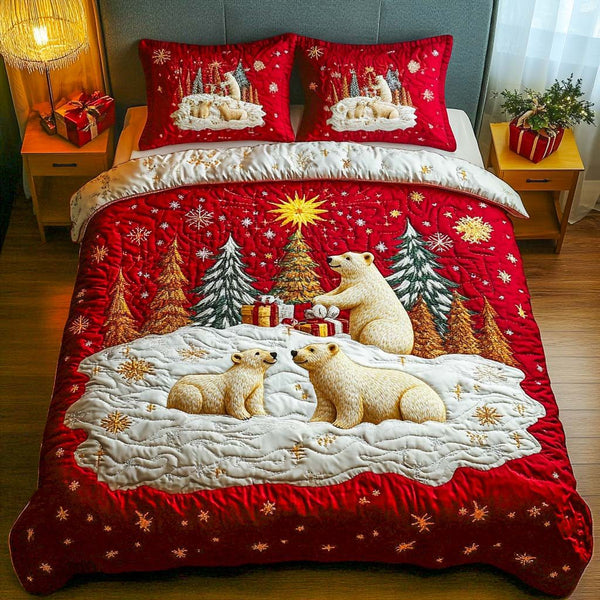 Frosty Family quilted 3-piece bedding set on a made bed in a winter-styled bedroom