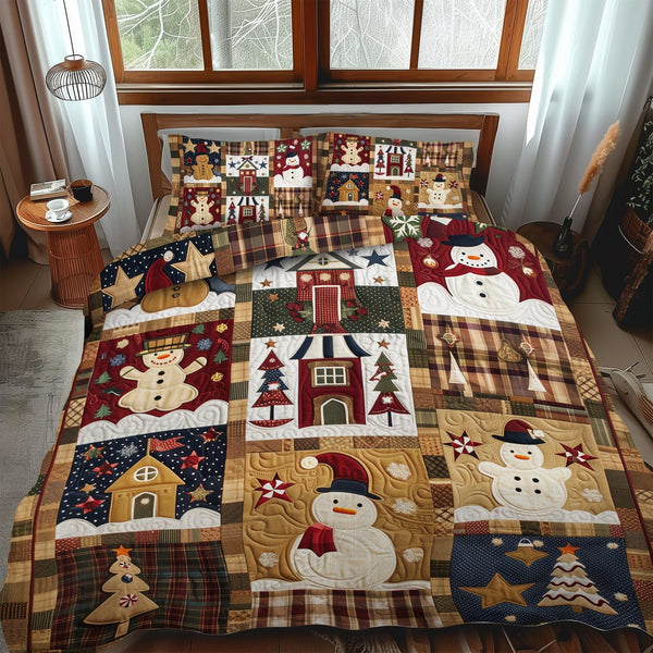 Frosty Festival quilted 3-piece bedding set on a made bed in a winter-styled bedroom