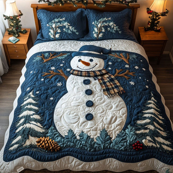 Frosty Festivities quilted 3-piece bedding set on a made bed in a winter-styled bedroom