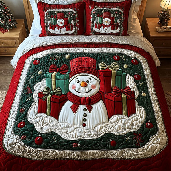 Frosty Festivities quilted 3-piece bedding set on a made bed in a winter-styled bedroom