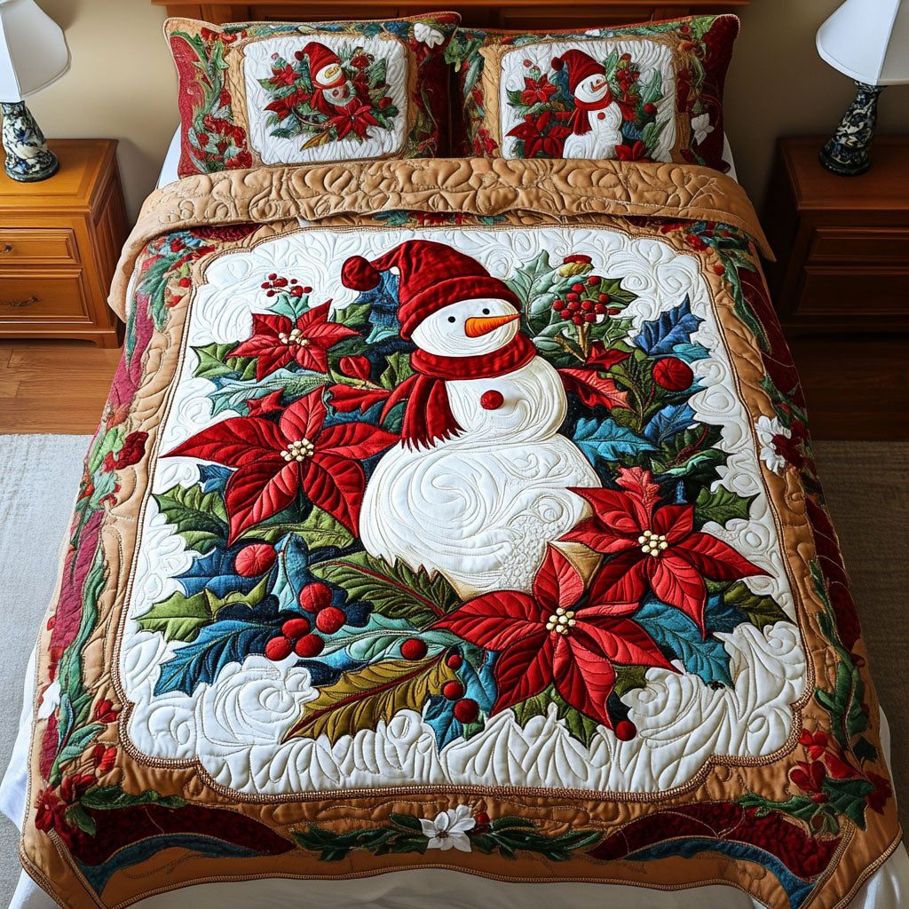 Frosty Fields quilted 3-piece bedding set on a made bed in a winter-styled bedroom