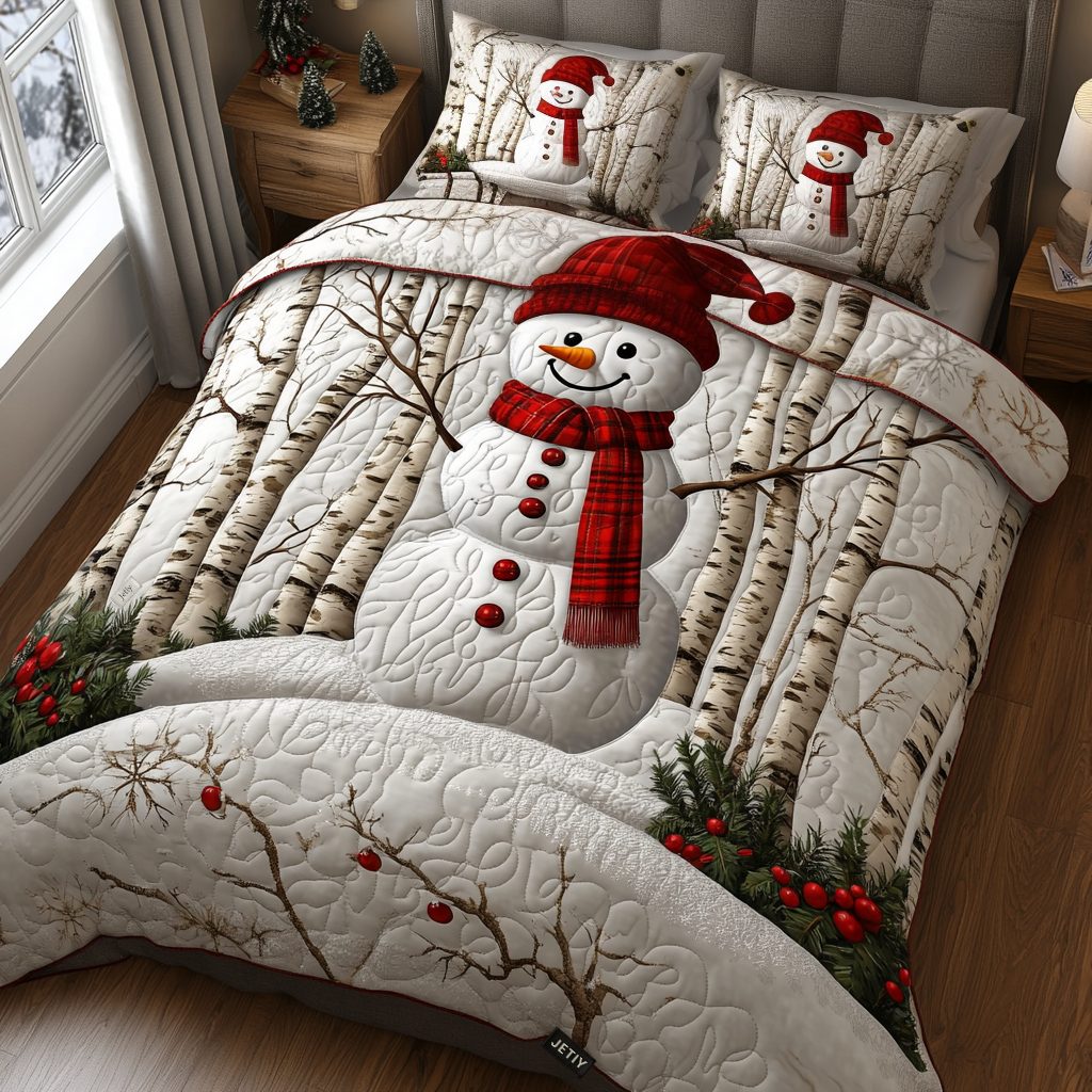 Frosty Fir Forest quilted 3-piece bedding set on a made bed in a winter-styled bedroom
