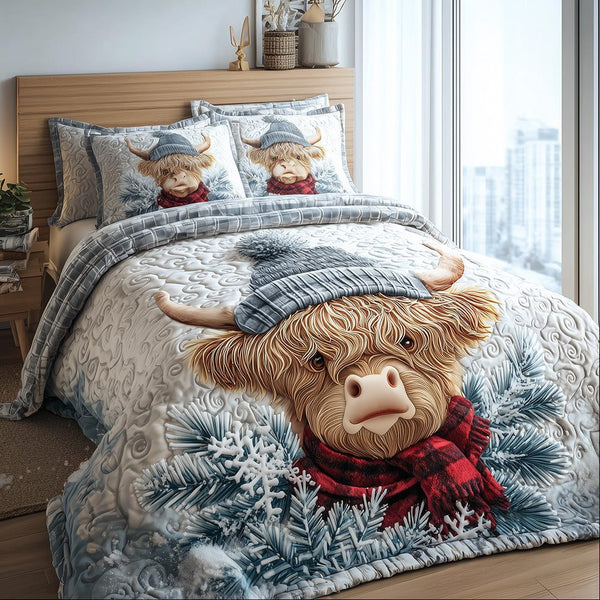 Frosty Flannel Highland Cow quilted 3-piece bedding set on a made bed in a winter-styled bedroom