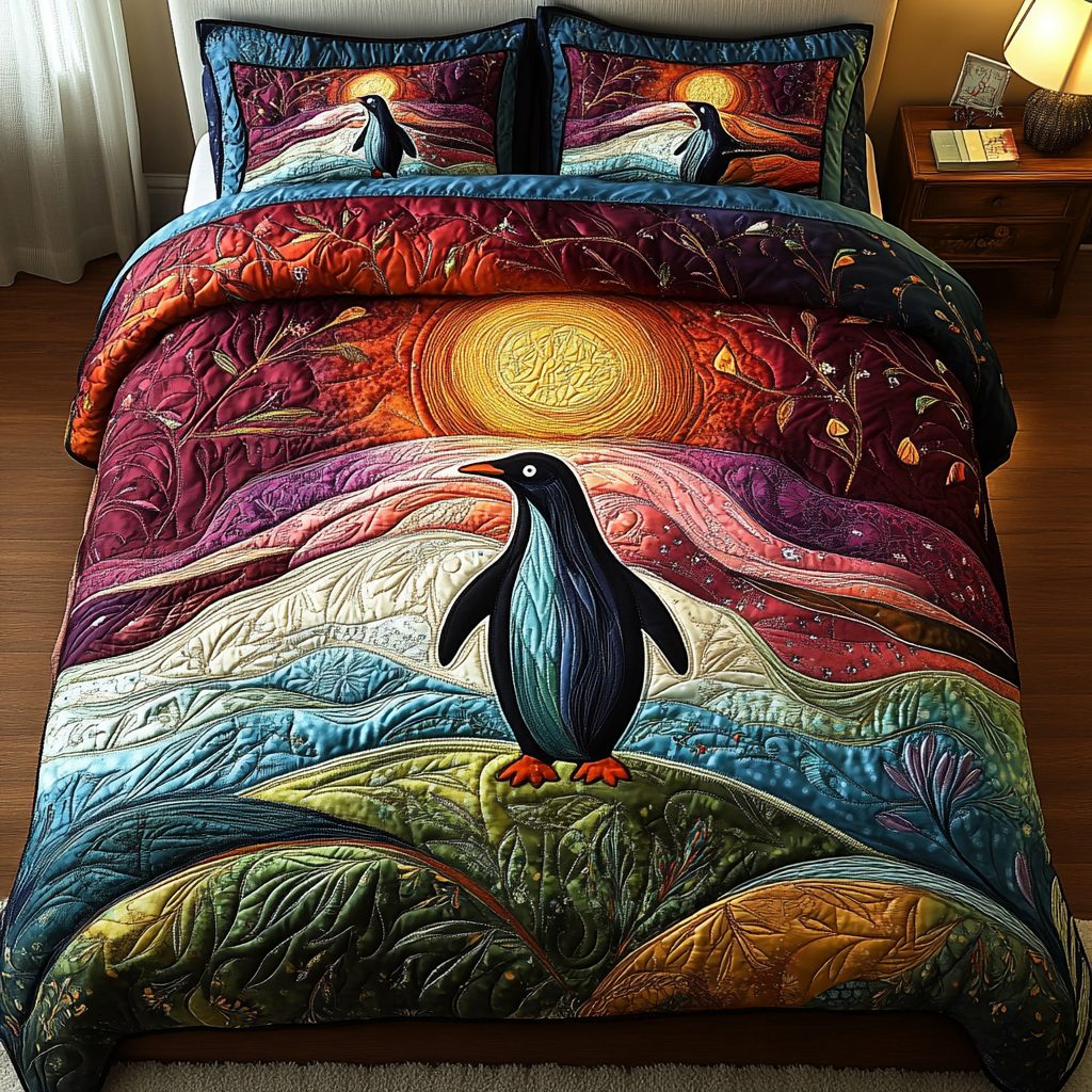 Frosty Flippers quilted 3-piece bedding set on a made bed in a winter-styled bedroom