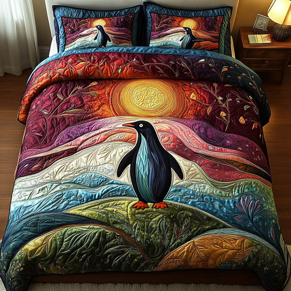 Frosty Flippers quilted 3-piece bedding set on a made bed in a winter-styled bedroom