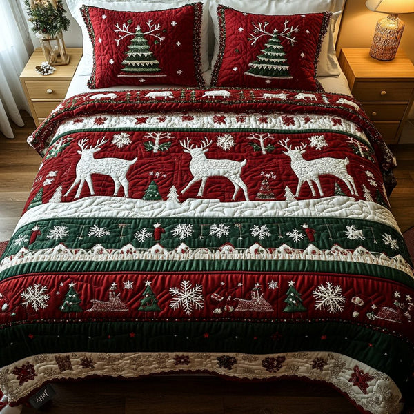 Frosty Forest quilted 3-piece bedding set on a made bed in a winter-styled bedroom