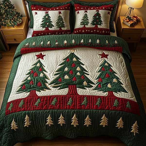 Frosty Forest quilted 3-piece bedding set on a made bed in a winter-styled bedroom