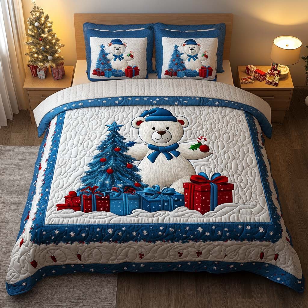 Frosty Friend quilted 3-piece bedding set on a made bed in a winter-styled bedroom